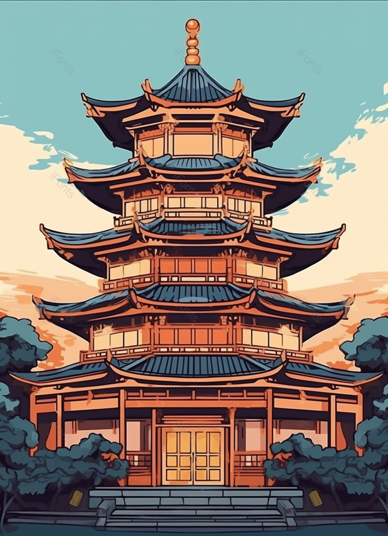 蓝天白云门关闭古建筑塔中国风背景,插画/手绘图,插画/手绘图库,插画/手绘图下载,插画/手绘
